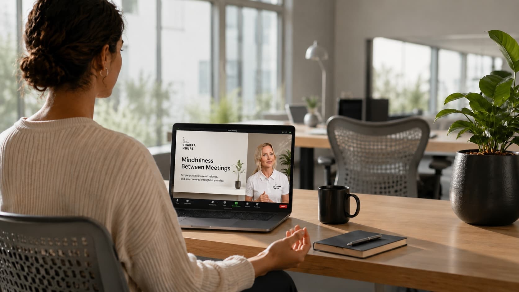 Employee in a modern office attending a live Chakra Hours Mindfulness Between Meetings session on a laptop, part of the Year-Round wellness program for HR teams