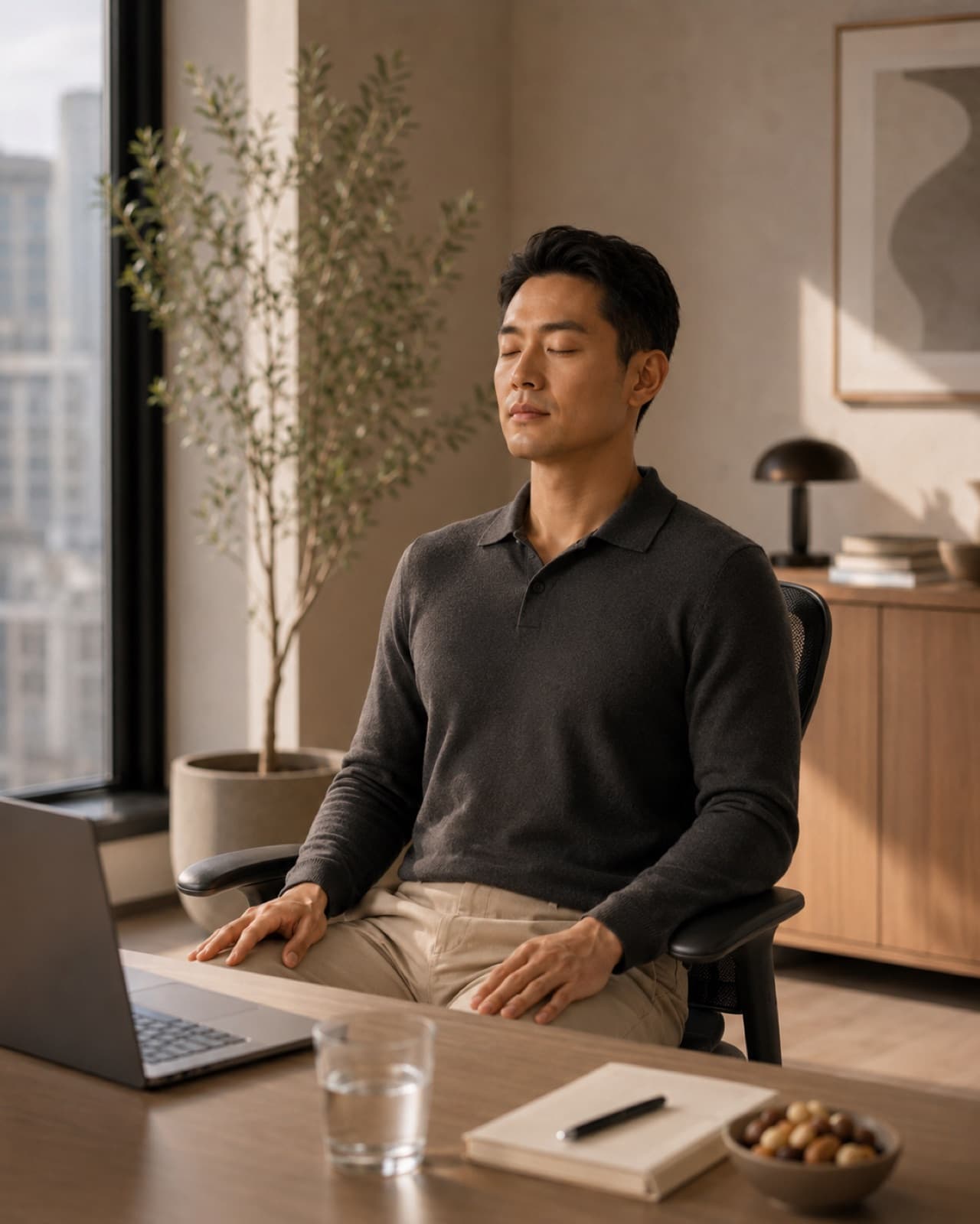 Professional sitting eyes-closed at a workstation for a 90-second body-based workday reset between meetings, Chakra Hours Lesson 01