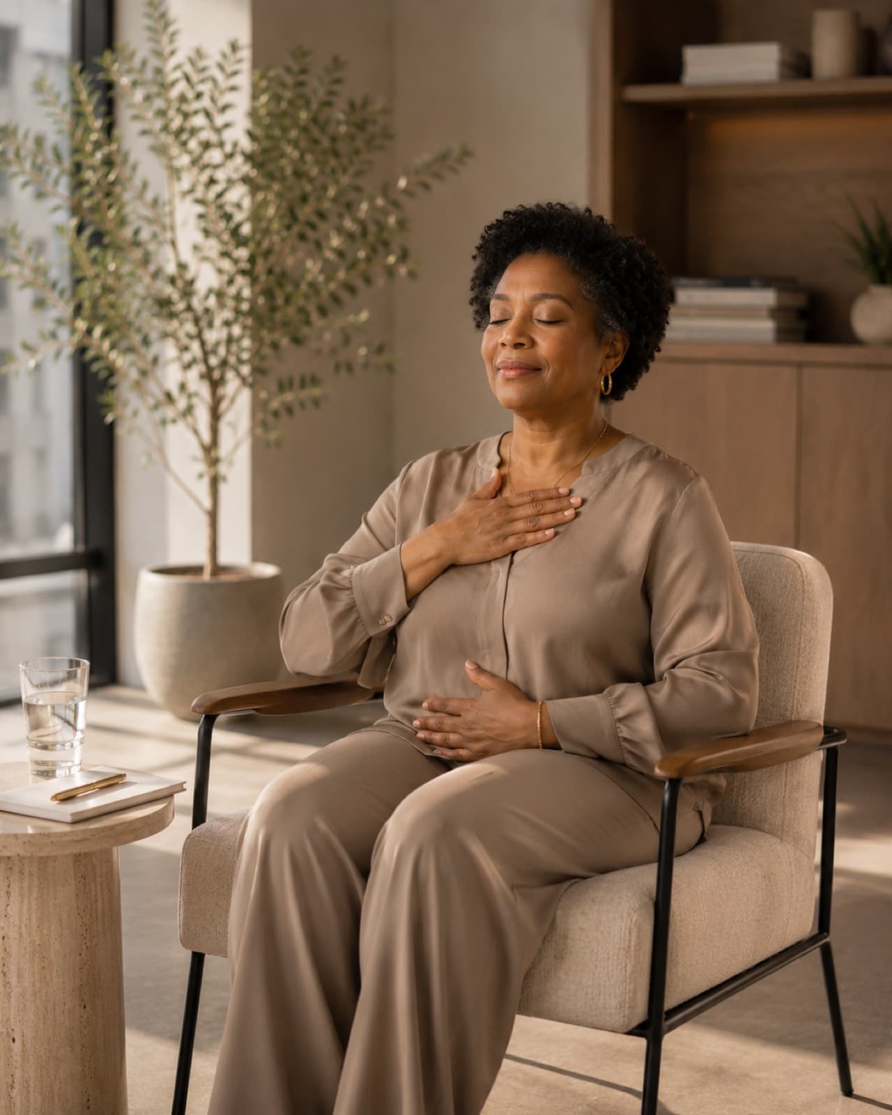 Seasoned professional seated in a quiet office, practicing hand-on-heart and hand-on-belly box breathing, Chakra Hours Lesson 02