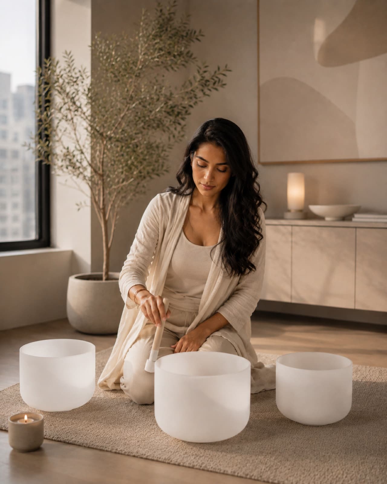 Facilitator playing crystal singing bowls in a sunlit studio for a corporate sound bath nervous-system reset, Chakra Hours Lesson 03