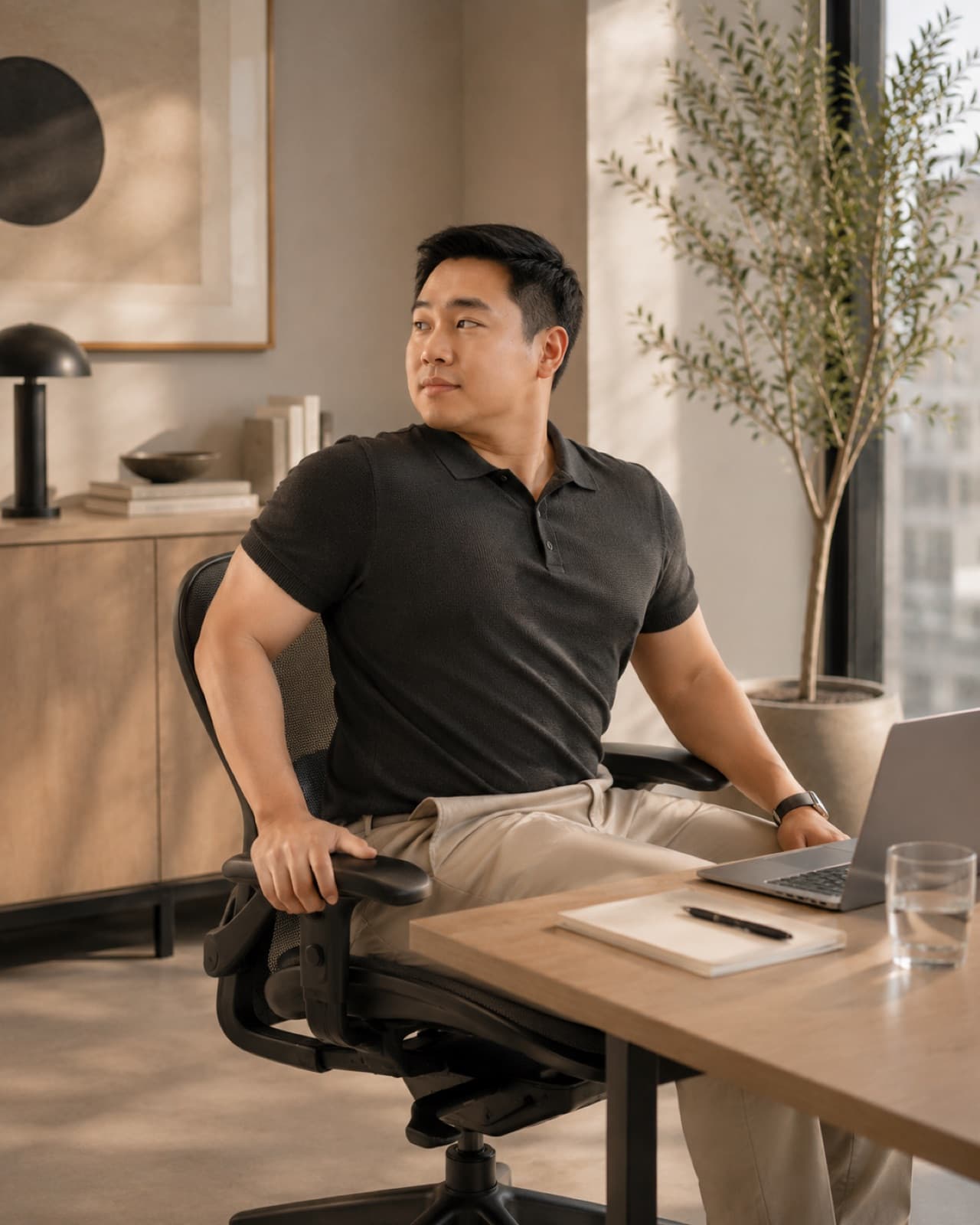 Employee performing a seated chair-yoga twist at the desk, a 60-second chair-based reset sequence, Chakra Hours Lesson 04