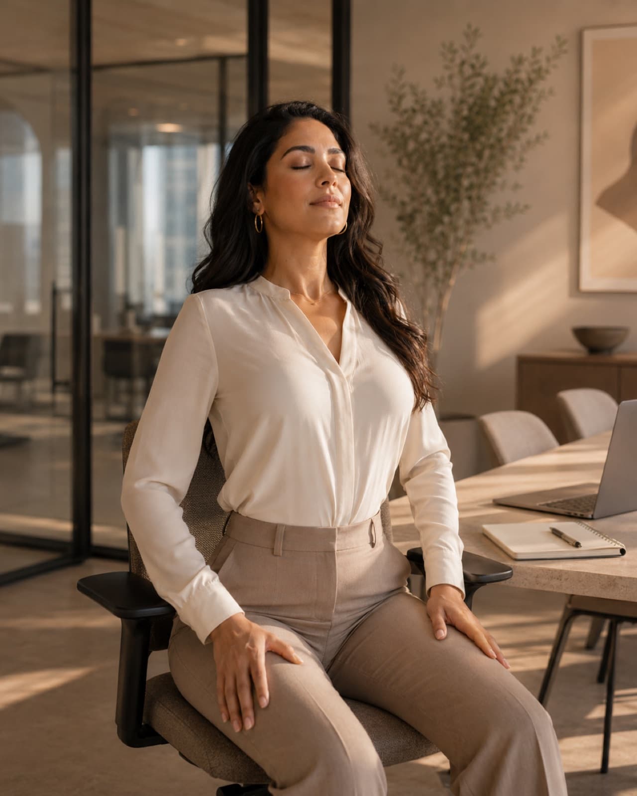 Professional pausing eyes-closed in a desk chair for a 60-second mindful transition between meetings, Chakra Hours Lesson 05