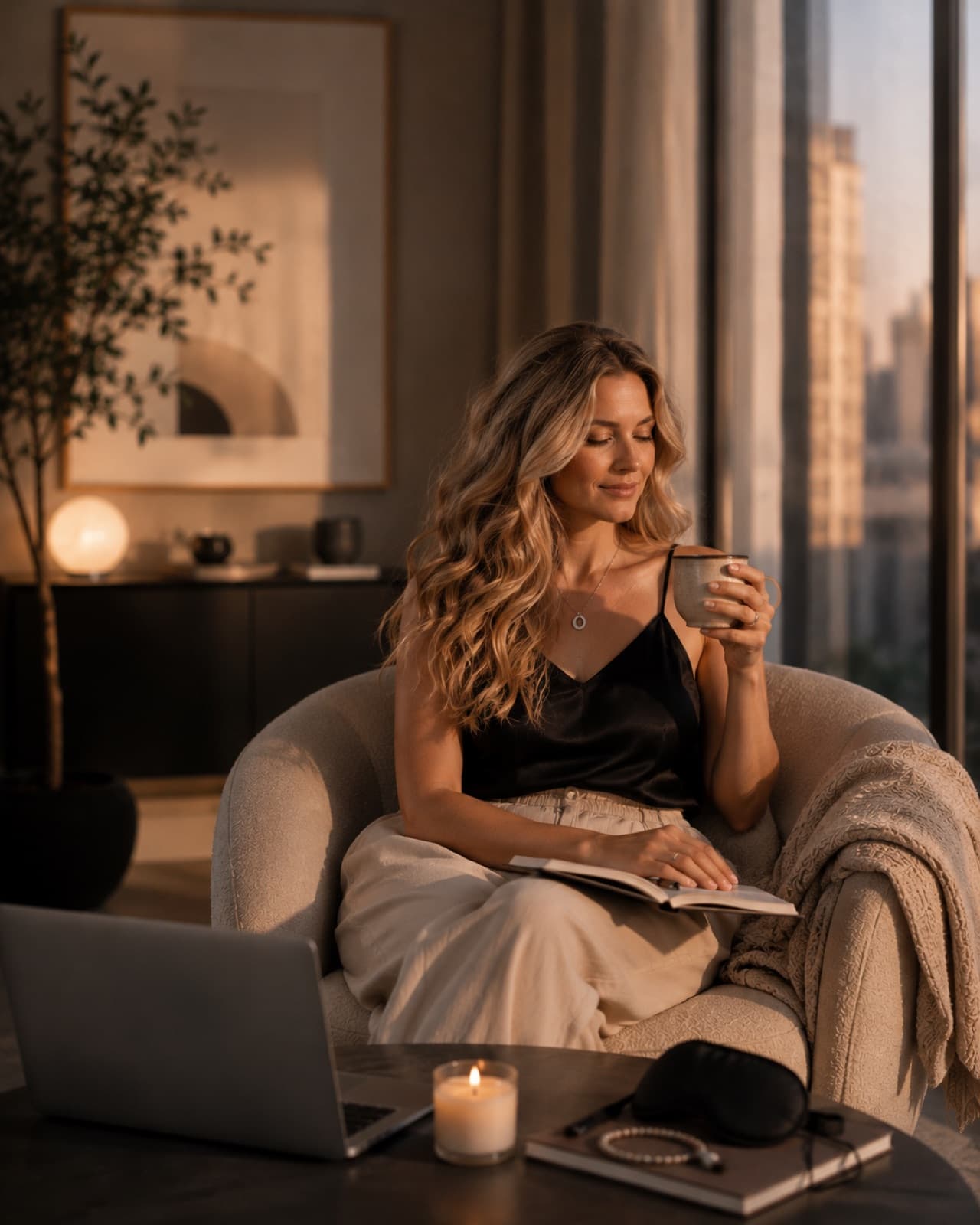 Evening wind-down ritual with mug, book, and candle by lamplight, Chakra Hours Lesson 06