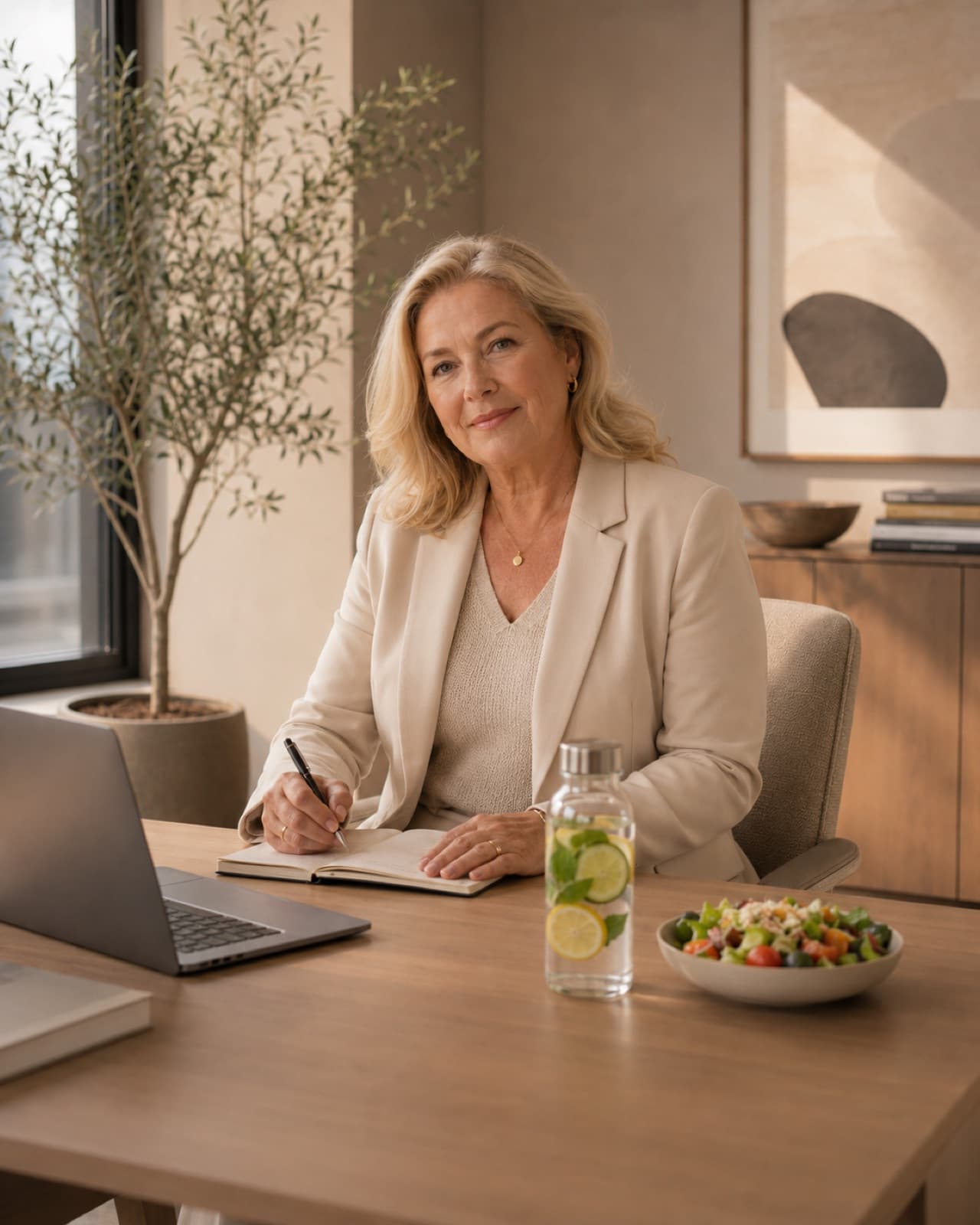 Senior leader journaling at a desk with infused water and a grain bowl, a habit-stacking practice for busy professionals, Chakra Hours Lesson 08