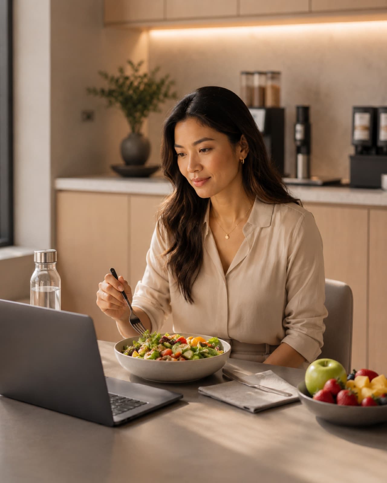 Mindful midday eating with a grain bowl, fresh fruit, and infused water at a kitchen workstation, Chakra Hours Lesson 09