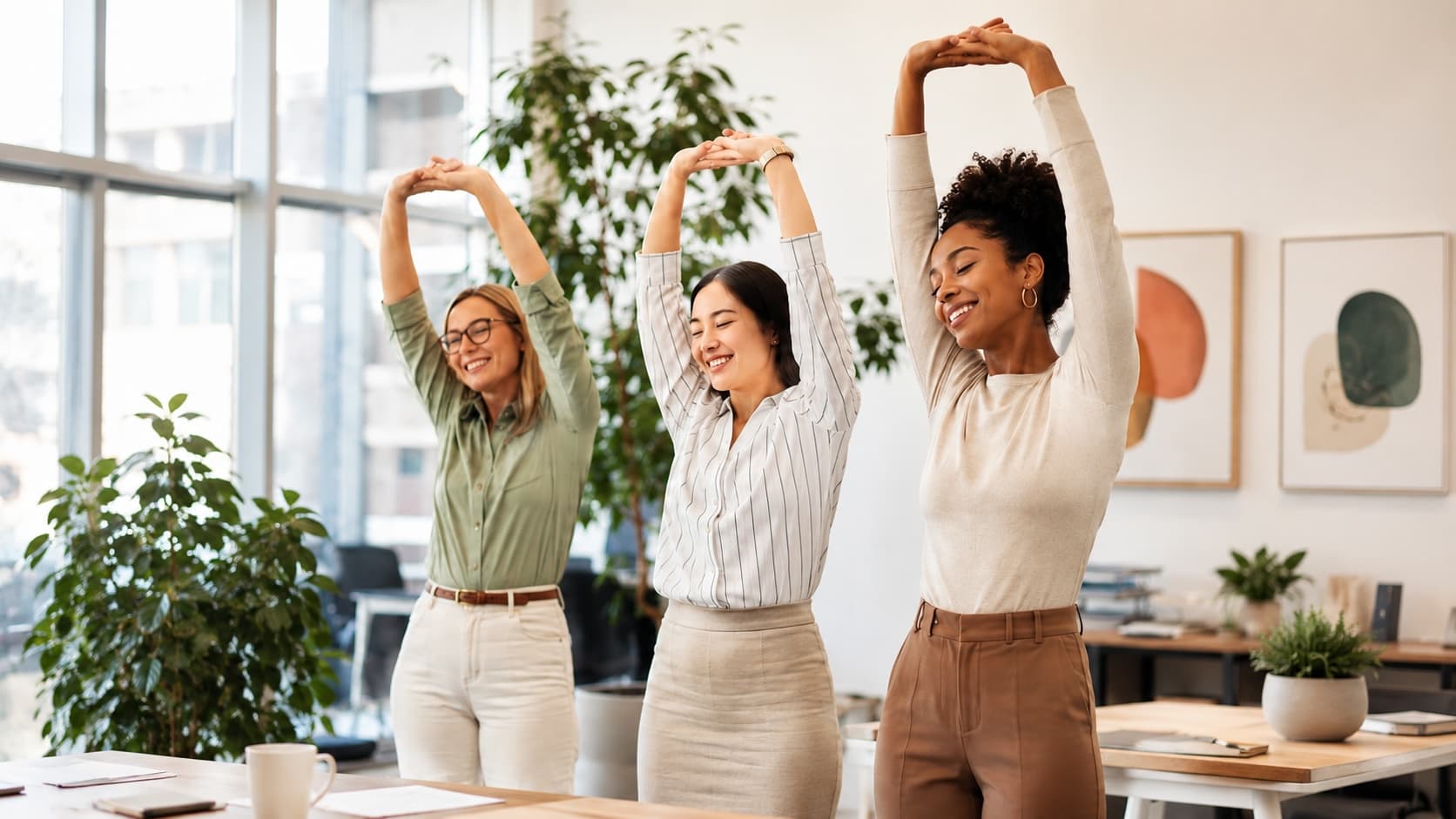 Three women in a modern office taking an arm-stretch relaxation break together - wellness programs for women's ERGs - Chakra Hours