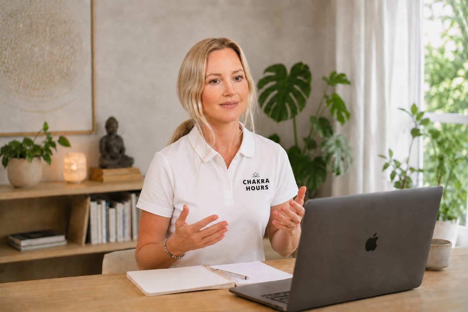 Nina Mua, founder of Chakra Hours, at her desk during a live online session