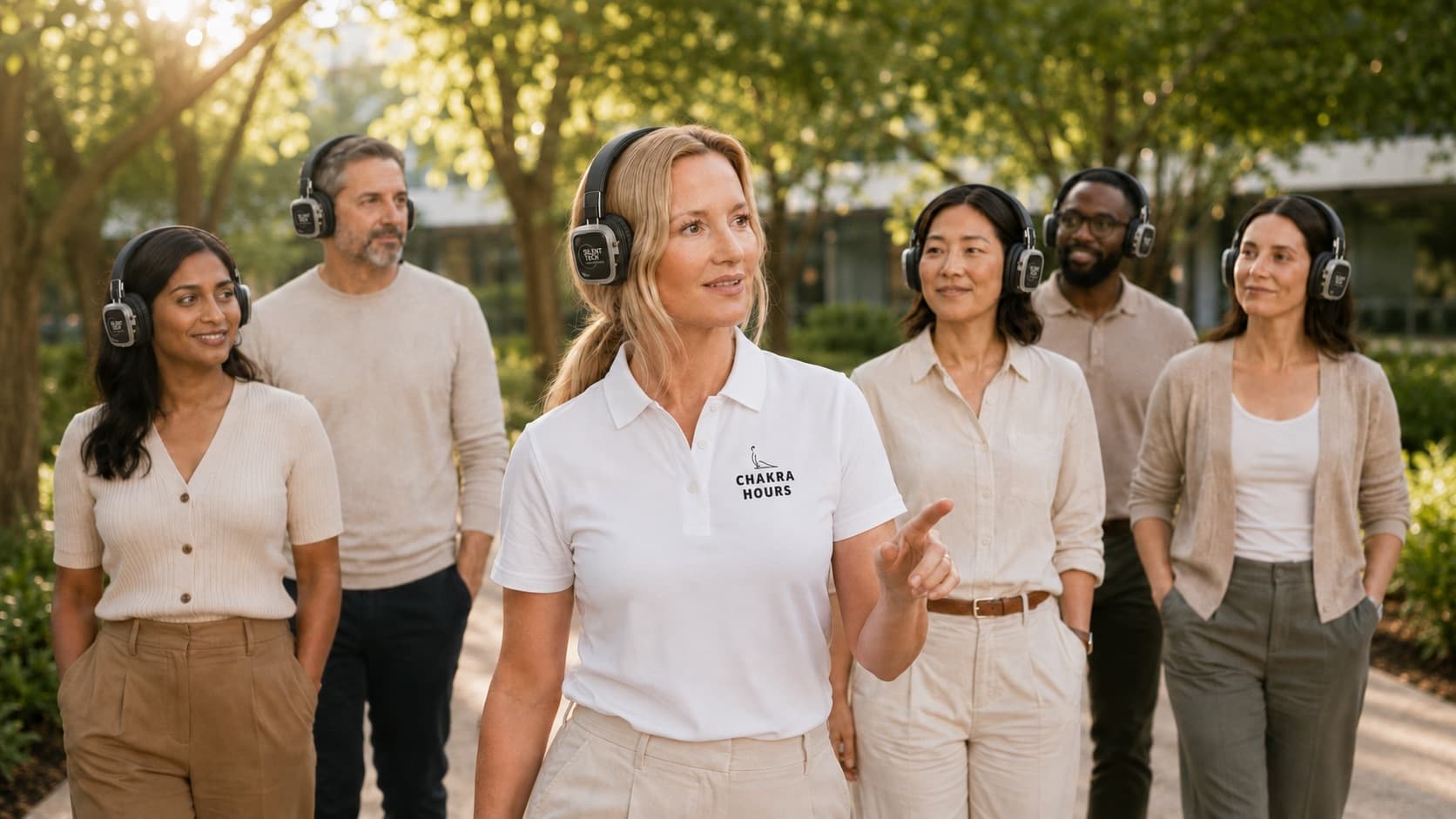 A Chakra Hours facilitator guiding a corporate team through a Walking Reset, every walker in wireless headphones, Chakra Hours