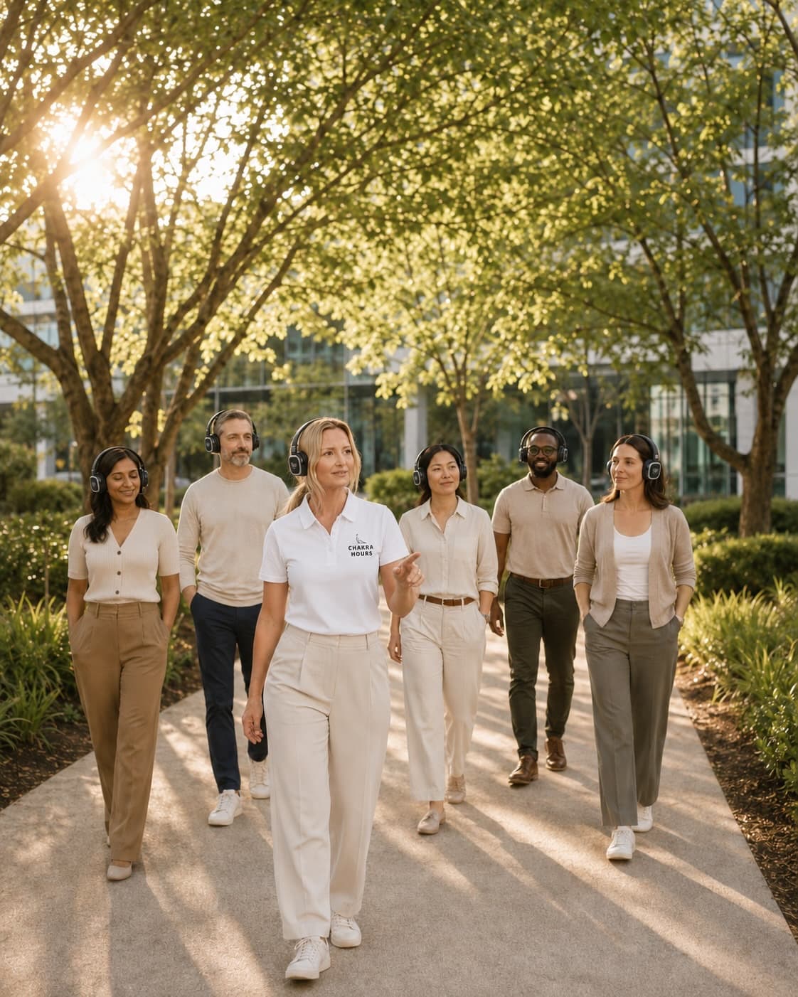 A Chakra Hours facilitator leading a corporate team on a headphone-guided Walking Reset along a tree-lined path in Dallas-Fort Worth, Chakra Hours