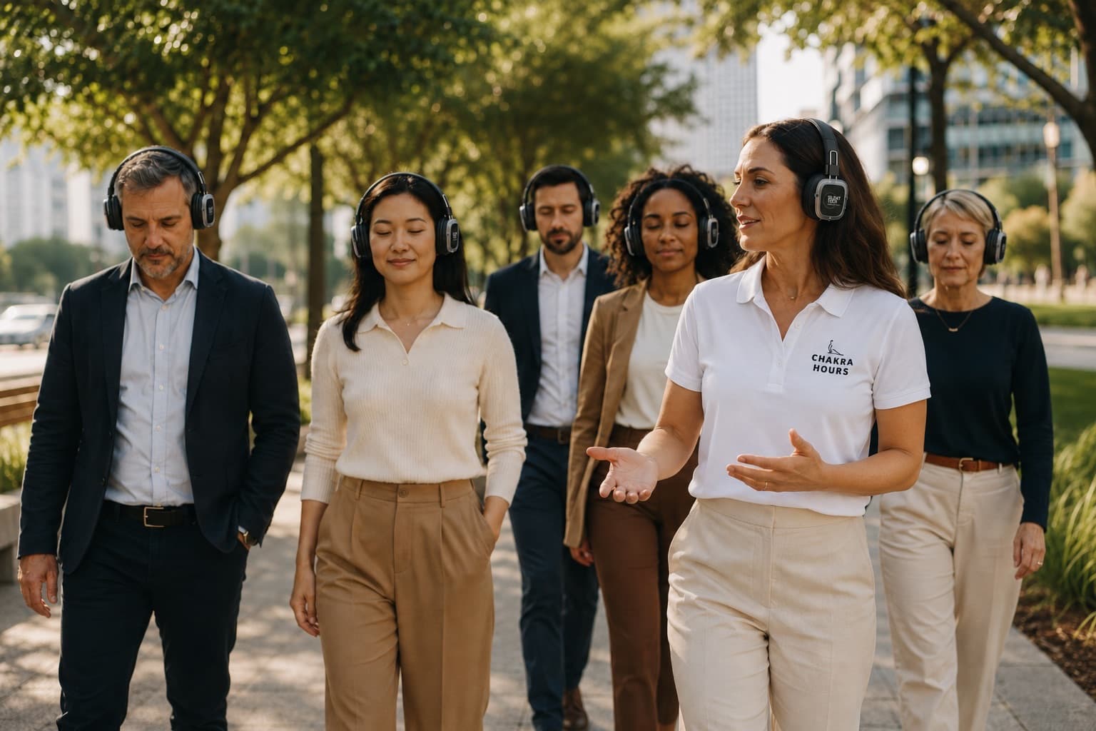 A corporate team on a mindful headphone-guided Walking Reset through a downtown Dallas park, Chakra Hours
