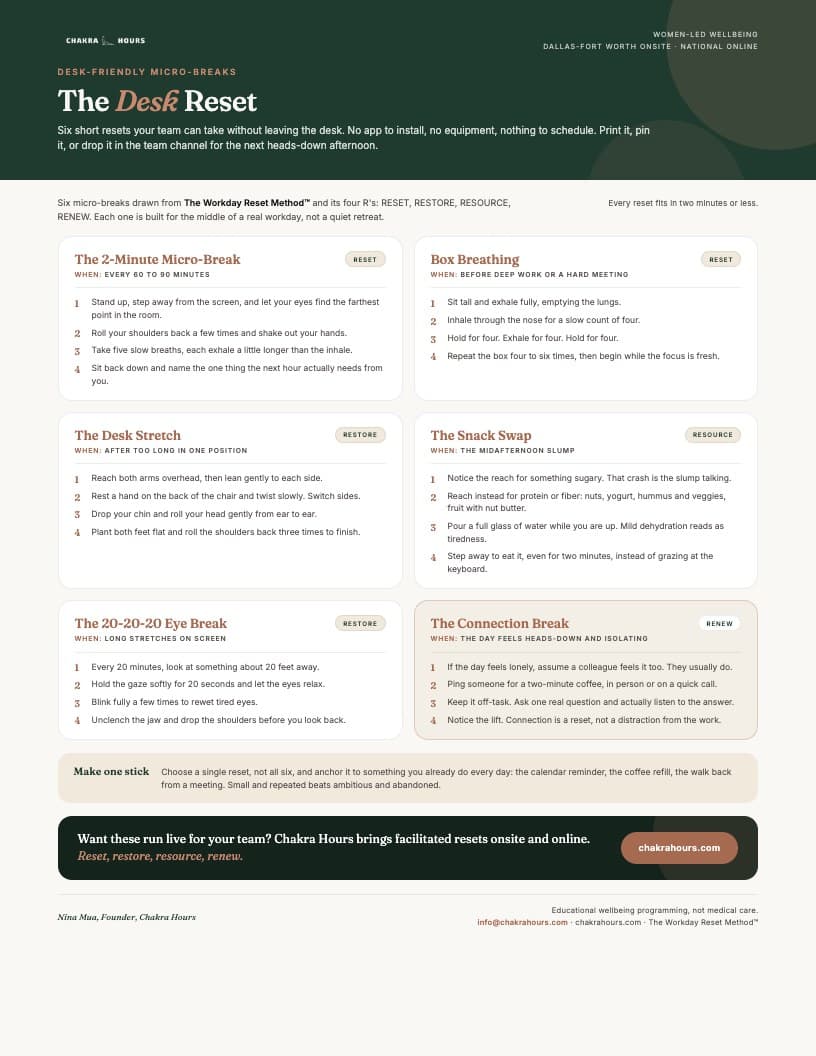Preview of The Desk Reset printable card — a one-page Chakra Hours PDF of six desk-friendly micro-breaks