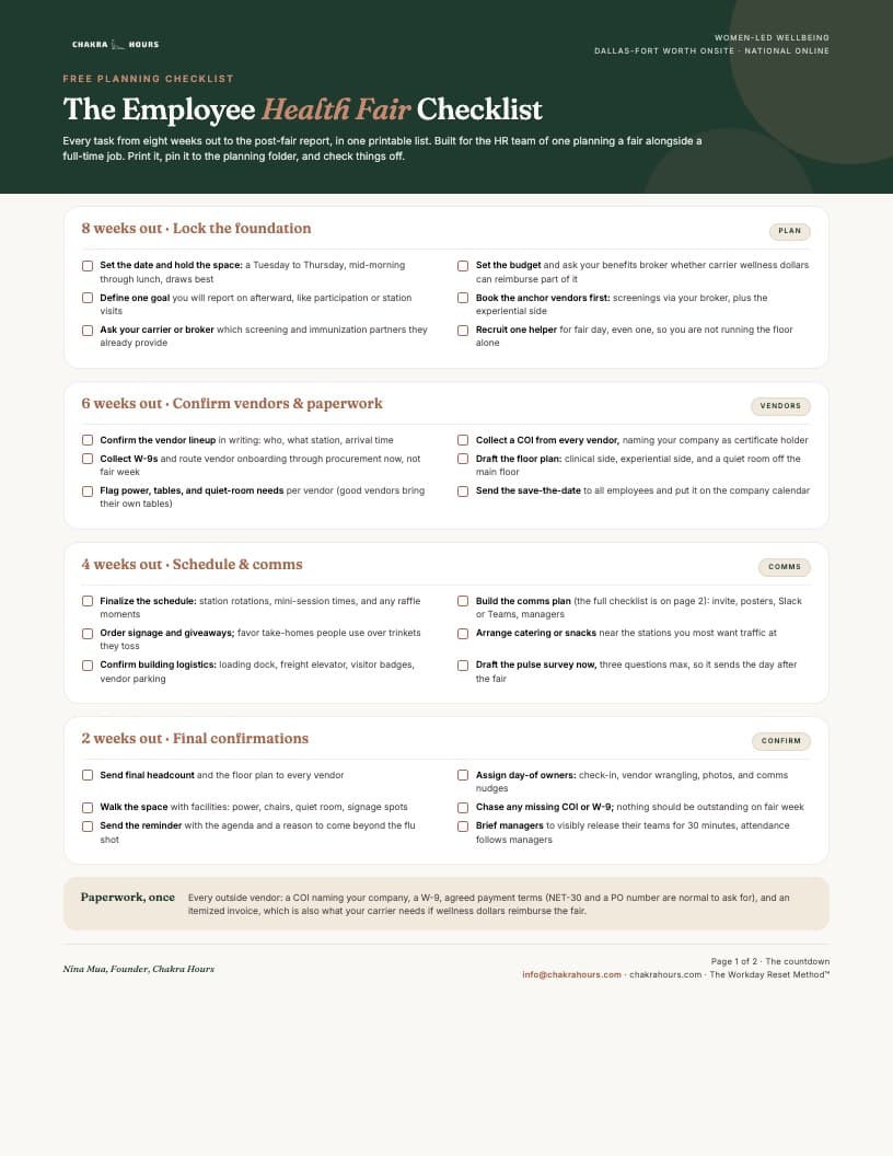 Preview of the Employee Health Fair Checklist — a two-page Chakra Hours printable PDF with the 8-6-4-2 week planning timeline