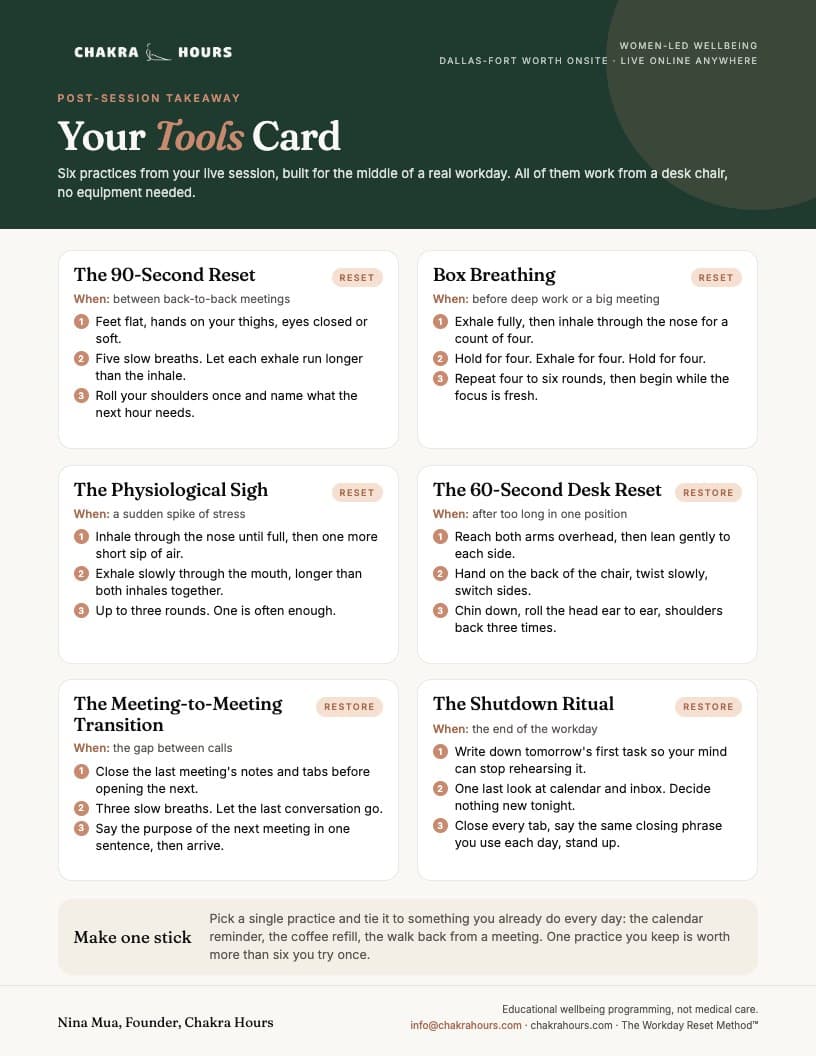 The Tools Card, a one-page Chakra Hours PDF