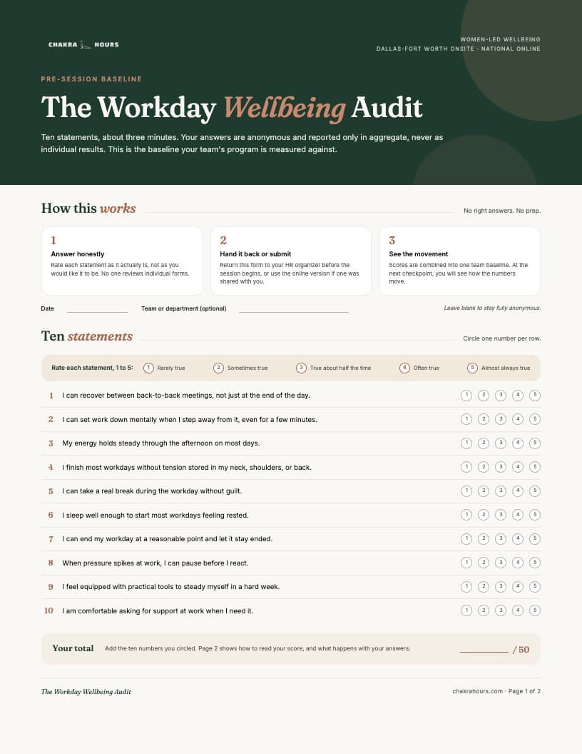 Page one of the Workday Wellbeing Audit, a Chakra Hours PDF