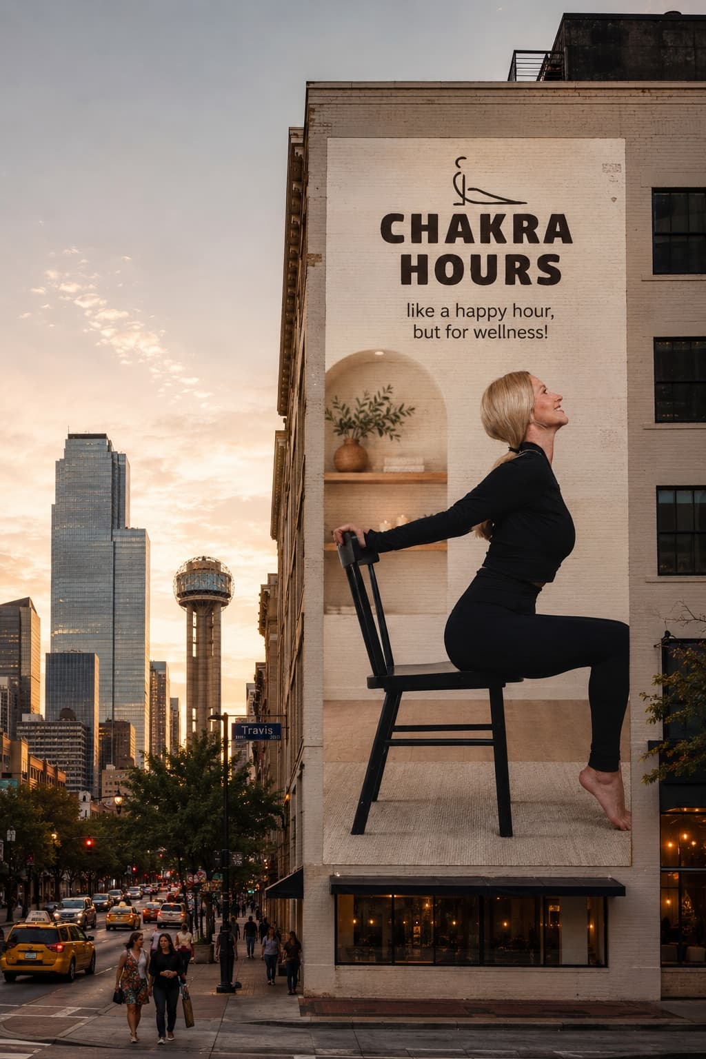 Chakra Hours corporate wellness billboard in downtown Dallas featuring Nina Mua leading a chair yoga session