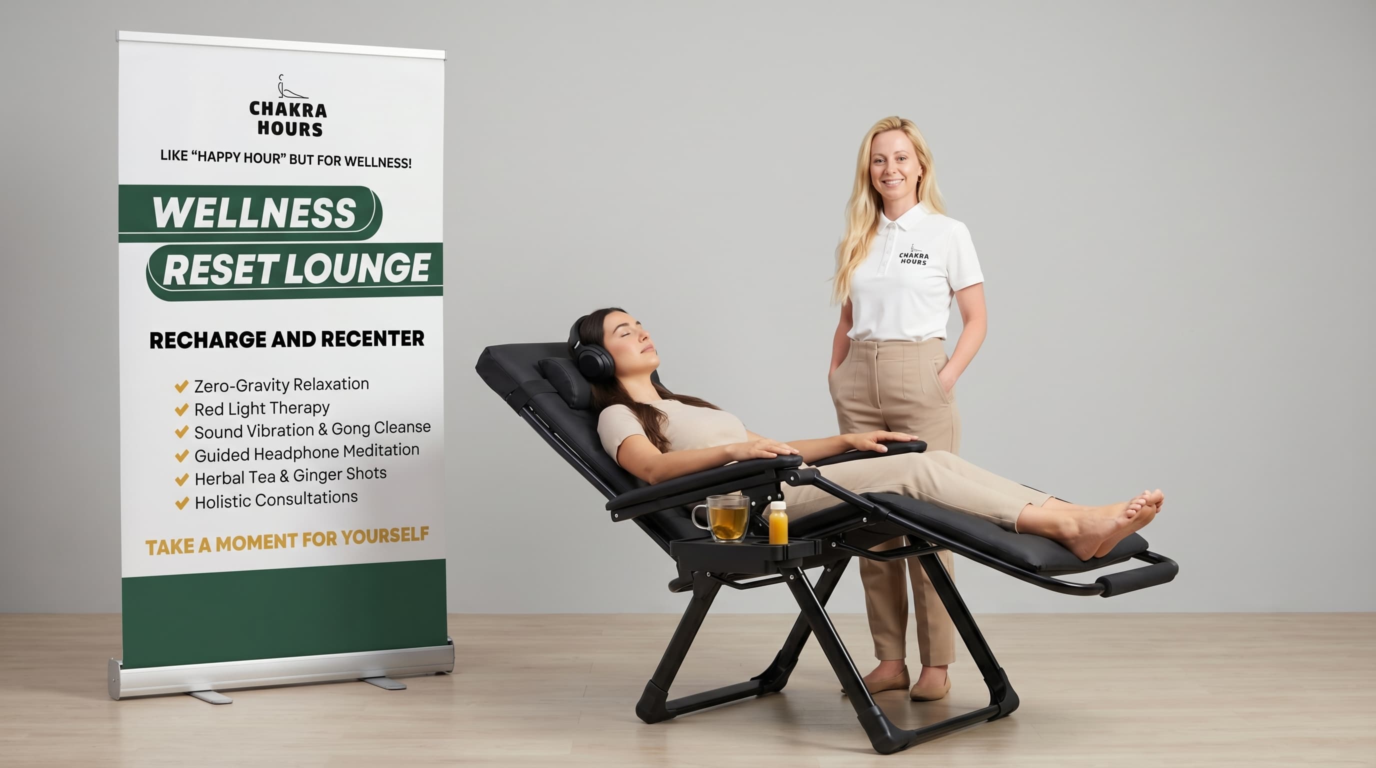 A guest reclining in a zero-gravity chair with headphones, herbal tea, and a ginger shot beside the Wellness Reset Lounge banner — corporate health fair vendors — Chakra Hours